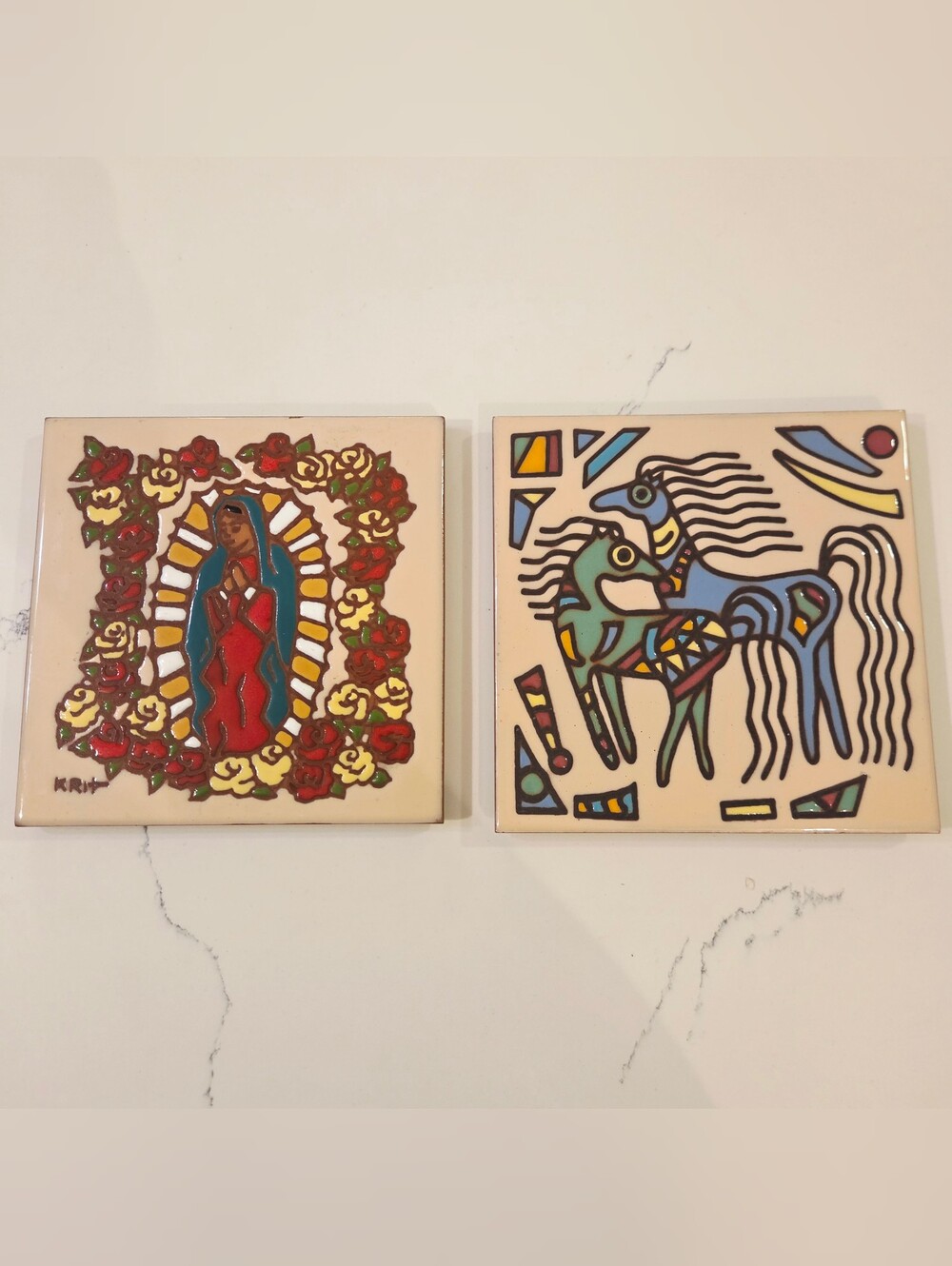 Vintage Painted Horses Religious Earthtones Tile Art Trivet Set Of 2 Signed